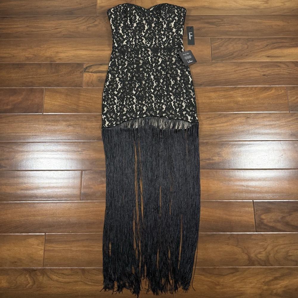 Lulus Size Small Black Lace Ain't Misbehavin Fringe Strapless Bodycon Dress - Picture 3 of 11